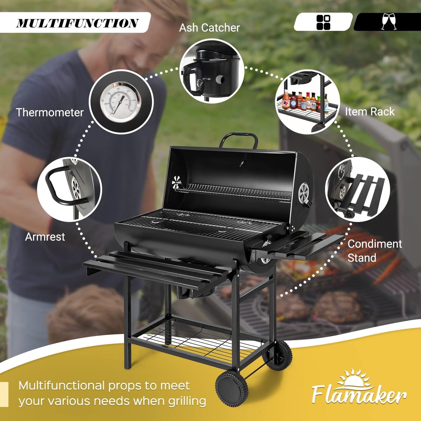 Flamaker Charcoal Grill Barrel style BBQ Charcoal Grills with Three Item Racks Thermometer Double-Layer Chrome-Plated Iron Baking Pan Ash Catcher for Camping Outdoor BBQ