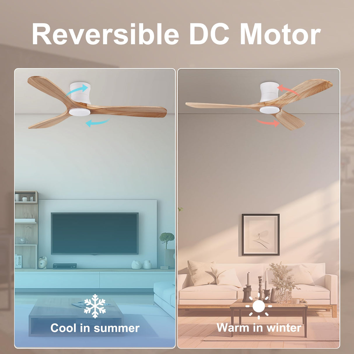 Hoenofly Smart 52” Wood Flush Mount Ceiling Fans with Lights and Remote,Quiet DC Motor,Outdoor Indoor Ultra Low Profile Ceiling Fan works with Alexa WIFI APP,Modern White Ceiling Fan for Bedroom Patio Hoenofly
