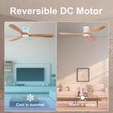 Hoenofly Smart 52” Wood Flush Mount Ceiling Fans with Lights and Remote,Quiet DC Motor,Outdoor Indoor Ultra Low Profile Ceiling Fan works with Alexa WIFI APP,Modern White Ceiling Fan for Bedroom Patio Hoenofly