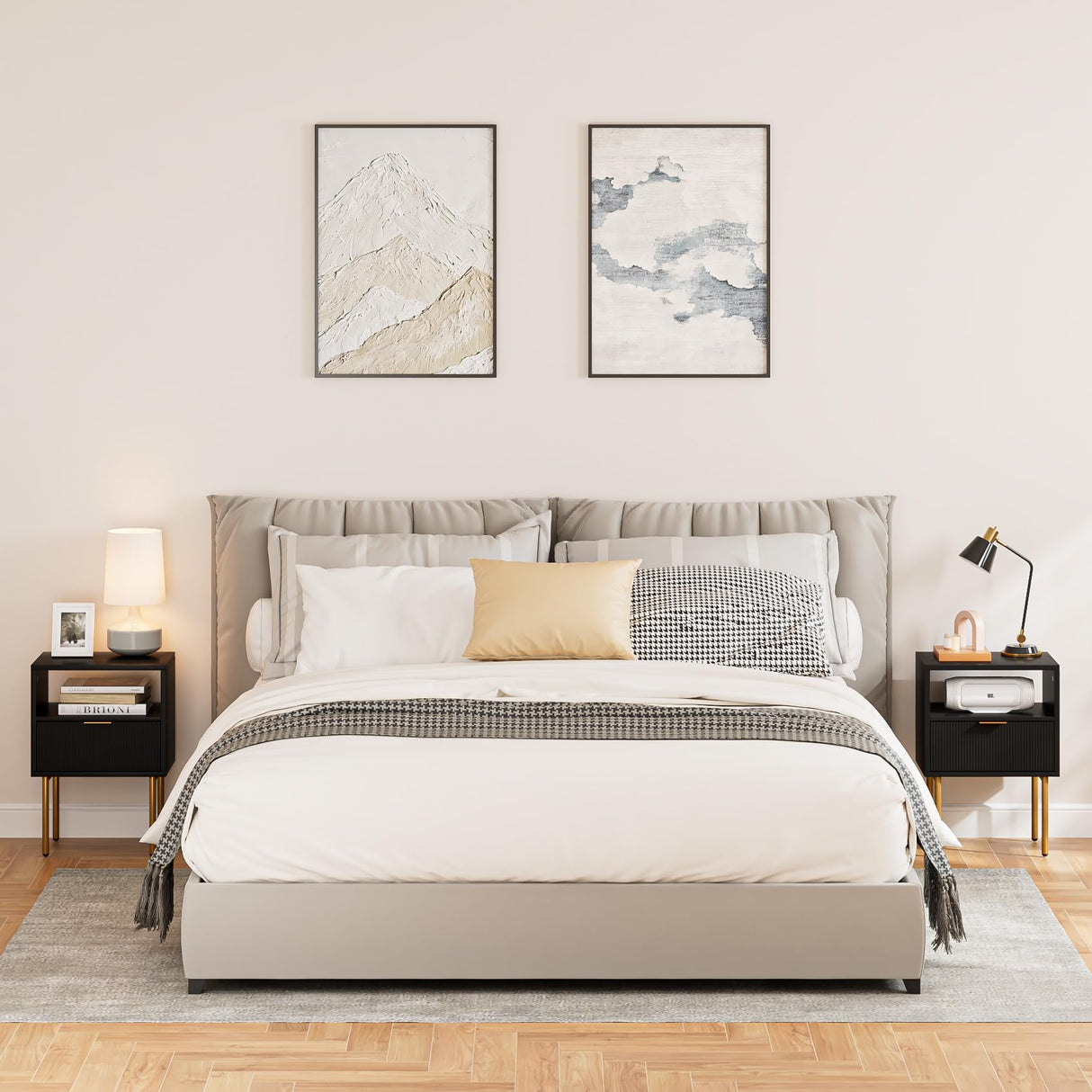 AEPOALUA Nightstand,Small Bedside Table with Gold Frame,Black Night Stand,Bedside Furniture,End Table,Side Table with Drawer and Shelf for Bedroom,Living Room (Modern-Stripe, Black) AEPOALUA