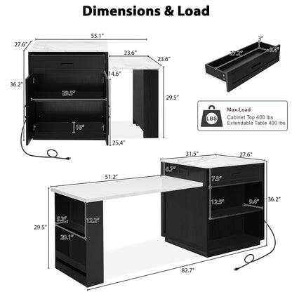 RUNNA Kitchen Island with Extendable Dining Table for 4-6 Person,Two-Tone Kitchen Table, Power Outlet, Kitchen Island with Storage 2 Drawers 2 Side Open Shelves (Black~010)