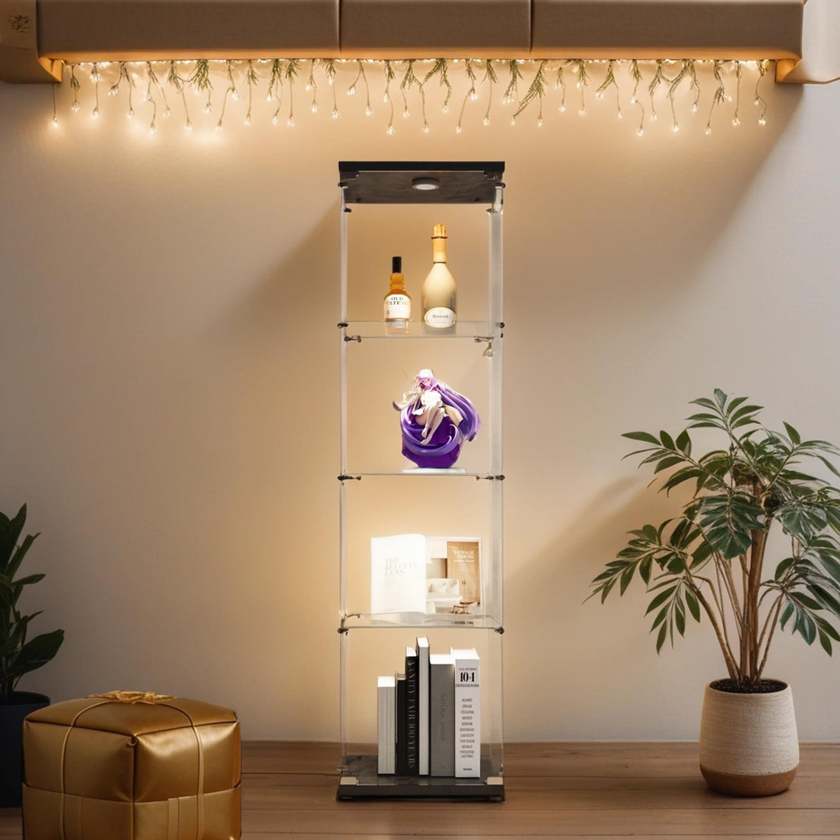 Zipzop Modern 64.5'' 4-Shelf Glass Display Cabinet with Lock and Lights, Lighted Curio Cabinet Collection Display Case, Floor Standing Showcase for Living Room Bedroom Home Office Zipzop