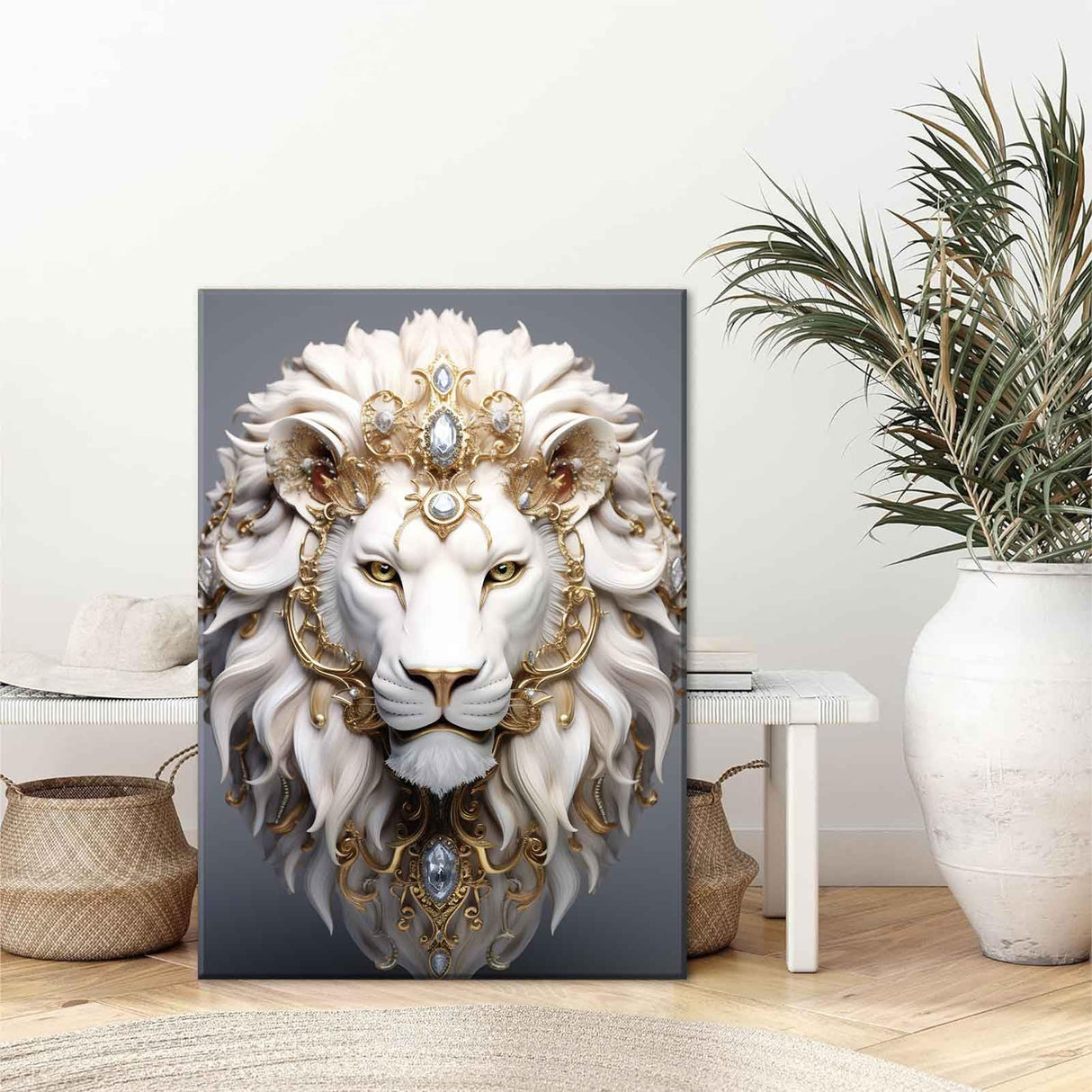 White Lion Canvas Wall Art Wild Animal Portraits Avatar Pictures Painting Decor Modern Large Gold Diamond Beast Posters Prints for Dining Living Room Bedroom Home Decoration Cremooy