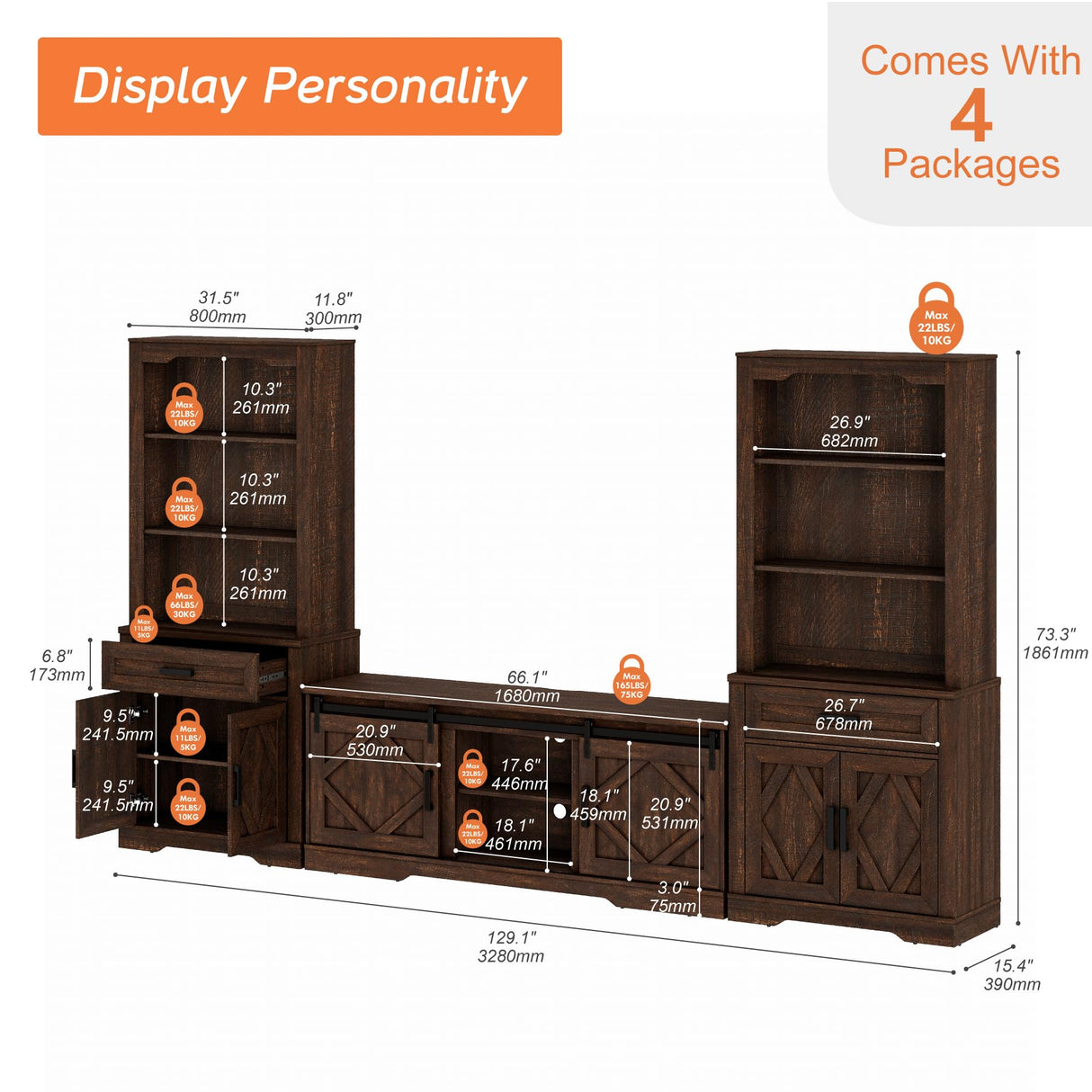 WAMPAT Farmhouse Entertainment Center with Bookshelf for TVs up to 75",Mid Century Modern TV Stand with 73"H Tall 5-Tier Bookcase with Open Storage and Barn Doors for Living Room,Bedroom,Rustic Brown WAMPAT