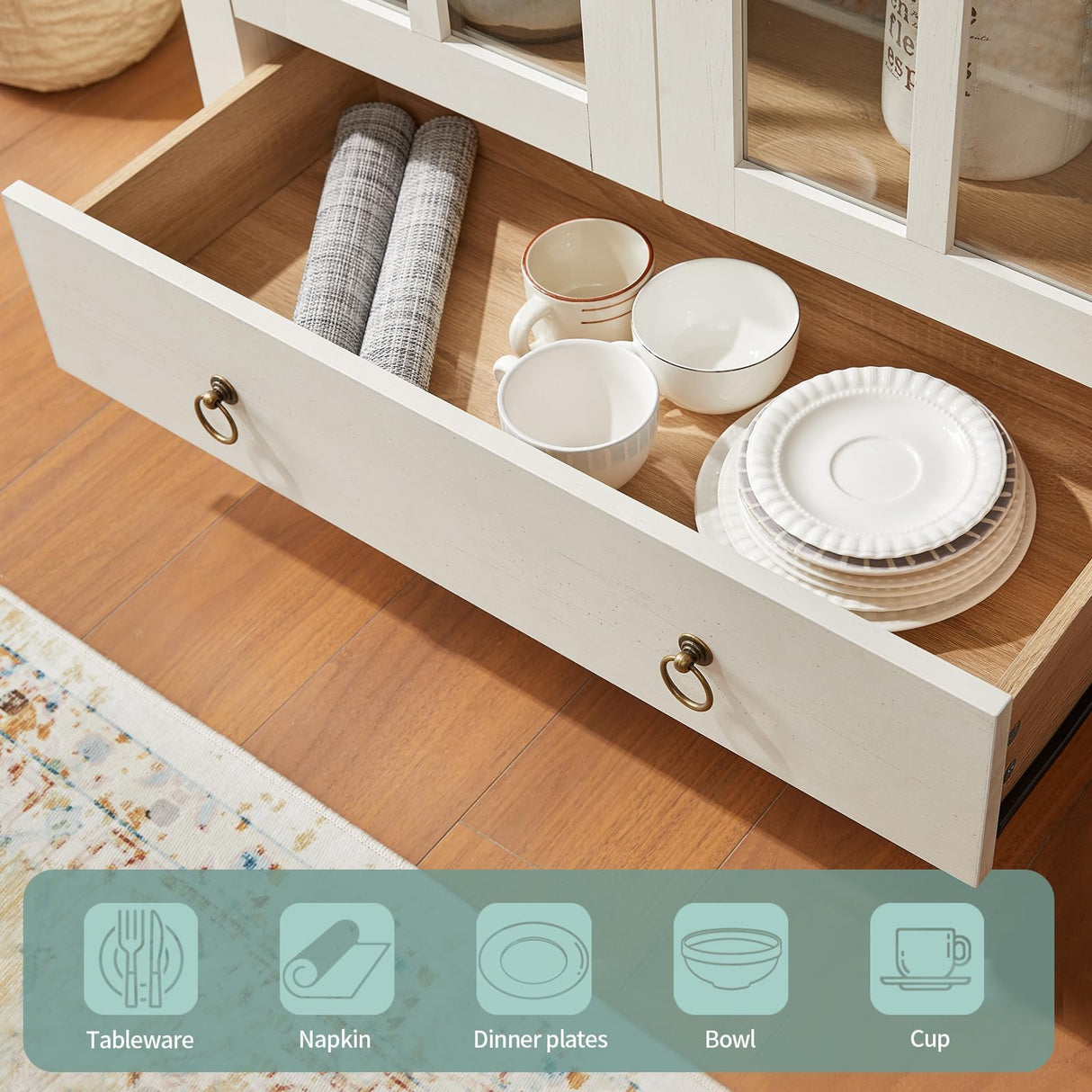 Farmhouse Arched Cabinet with Glass Doors, Wood Display Cabinet with Drawer and Adjustable Shelves, 71” Kitchen Pantry Tall Bookshelf Modern China Cabinet for Living Room,Office (Antique White) RowyPoey