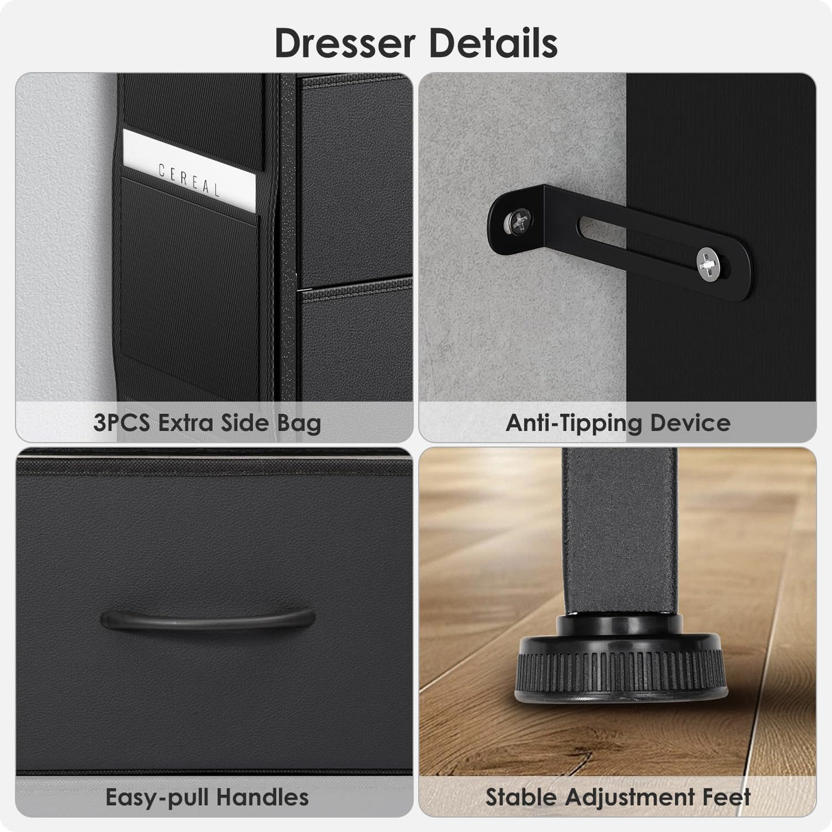 OtterOasis Dresser for Bedroom with LED Lights and Charging Station, Fabric Black Bedroom Dresser 6 Long Drawers Dressers, Tall Wide Chest of Drawers TV Stand OtterOasis