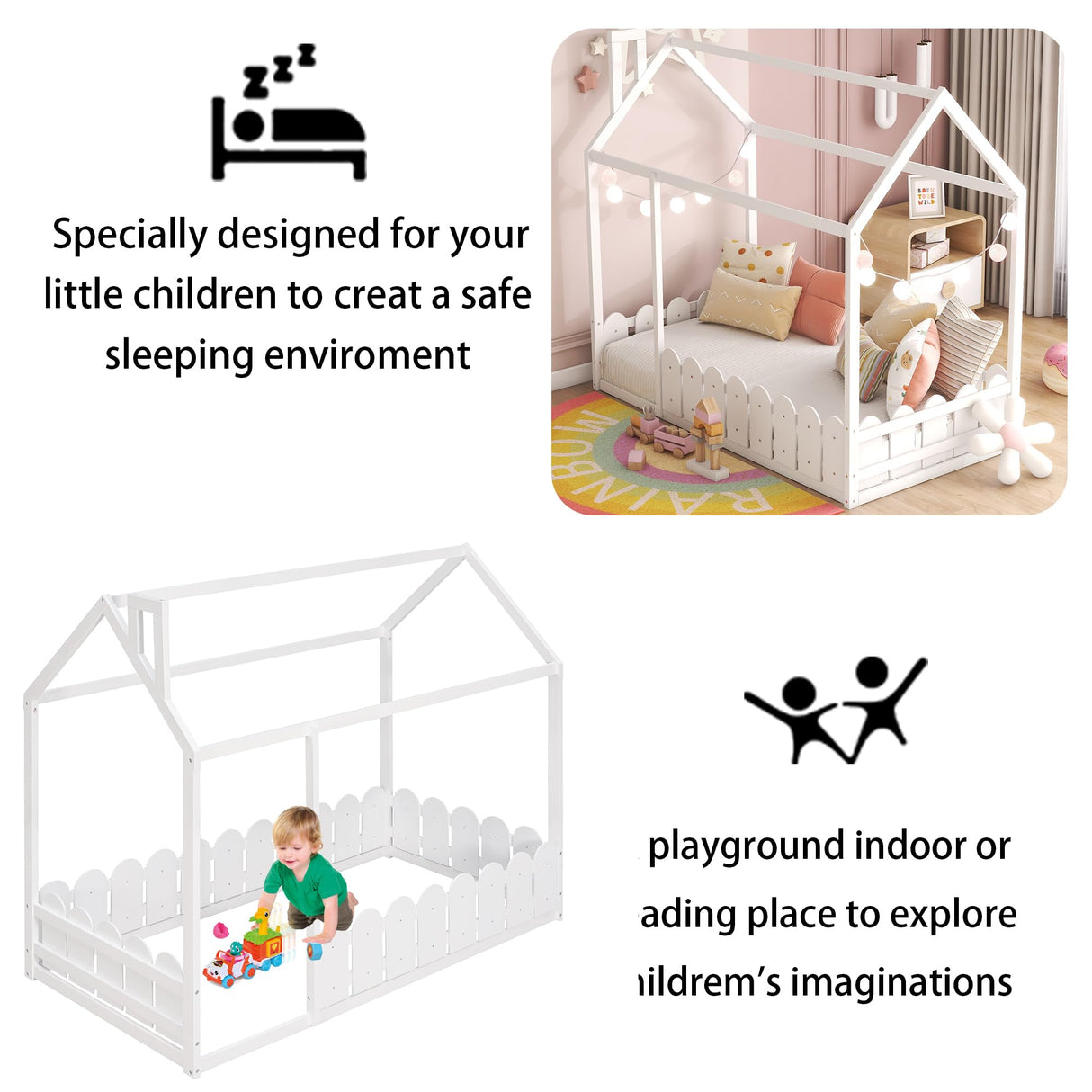 Twin Floor Bed with Fence Rails by Harper & Bright Designs - White Montessori House Bed for Kids Harper & Bright Designs