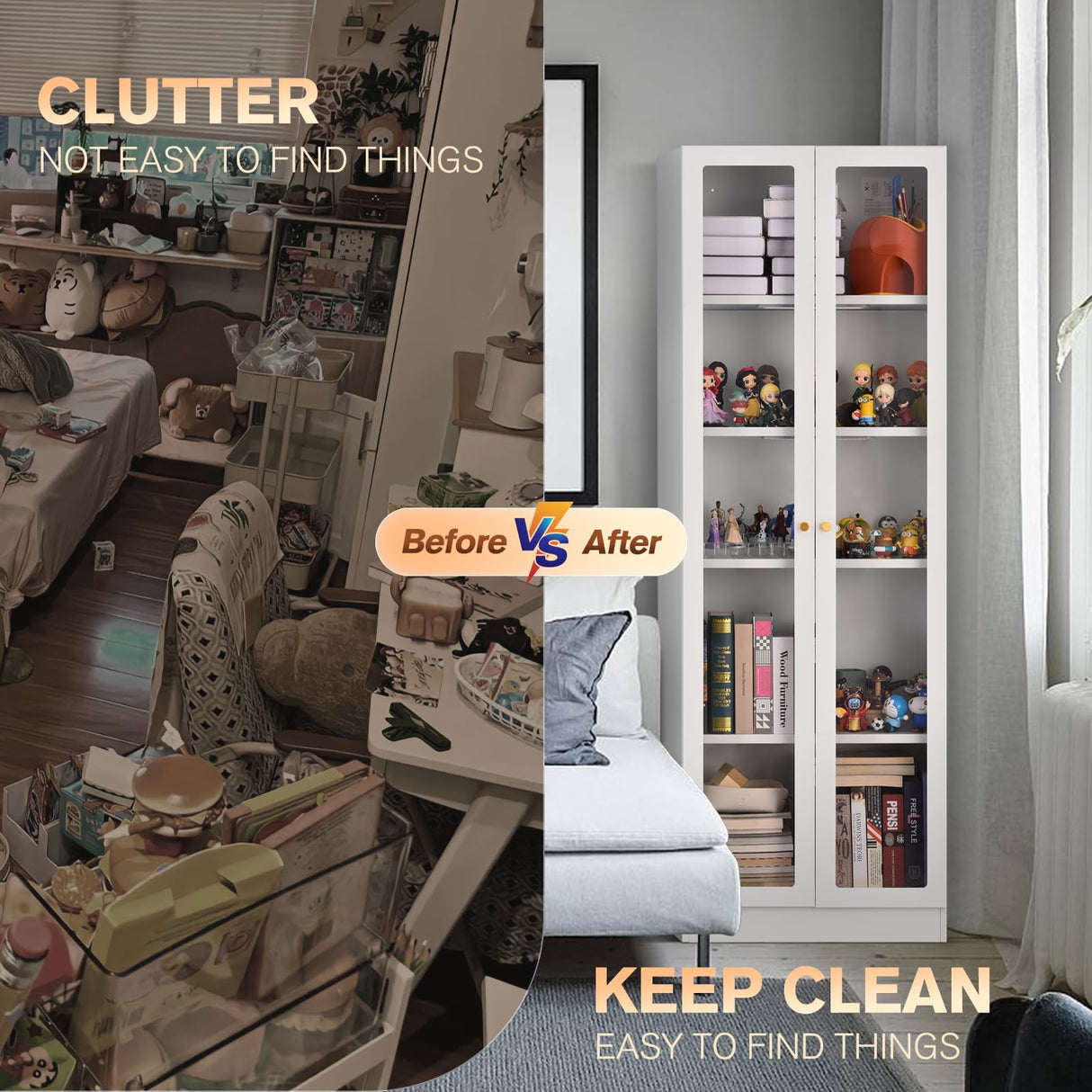 Alvisyd 5 Tier Metal Curio Cabinets, Modern Bookshelf Cabinet with 4 Adjustable Shelves, Cabinet Display Case for Home Office, Living Room, Pantry (White-23.54W) Alvisyd