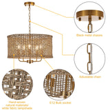 YOMECOO Hand-Woven Rattan Chandelier Vintage Farmhouse Boho Bamboo Light Fixture Mini Retro 5-Lights Drum Wicker Rattan Chandelier for Dining Room, Kitchen, Living Room YOMECOO