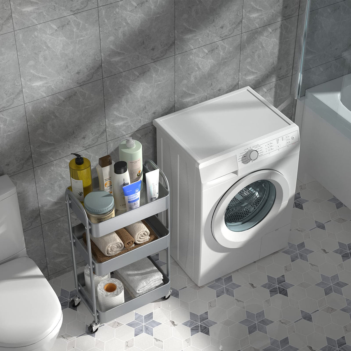 3-Tier Kitchen Cart Multifunctional Rolling Utility Cart with Lockable Wheels，Storage Craft Art Cart Trolley Organizer Serving Cart Easy Assembly for Office, Bathroom, Kitchen, Classroom（silvery-grey） MAX Houser