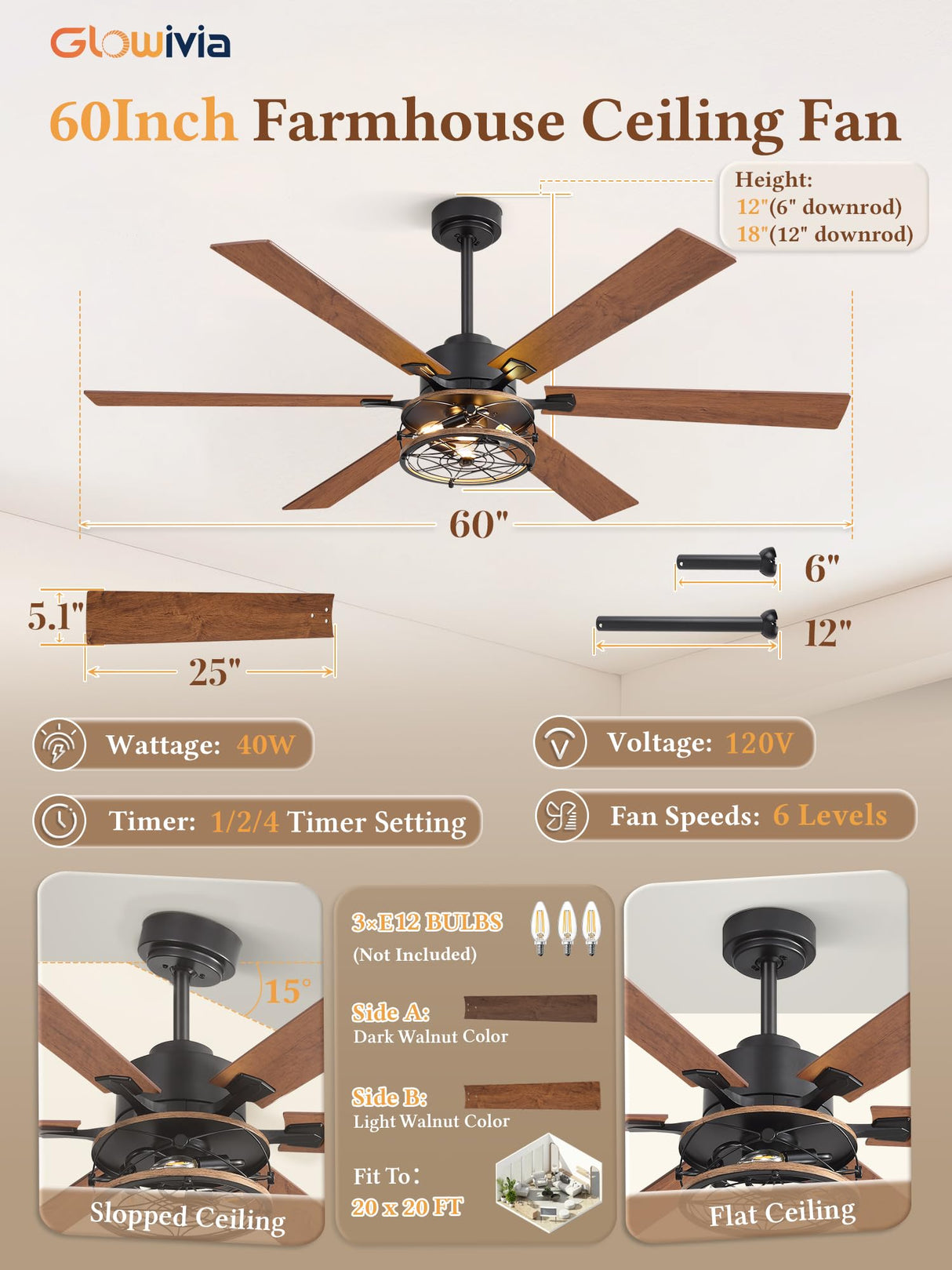 Glowivia 60 Inch Farmhouse Ceiling Fans with Lights and Remote,Black Industrial Caged Plug in Ceiling Fan with 6 Speeds and Reversible DC Motor,Double-Sided 6 Blades for Bedroom Living Room Garage Glowivia