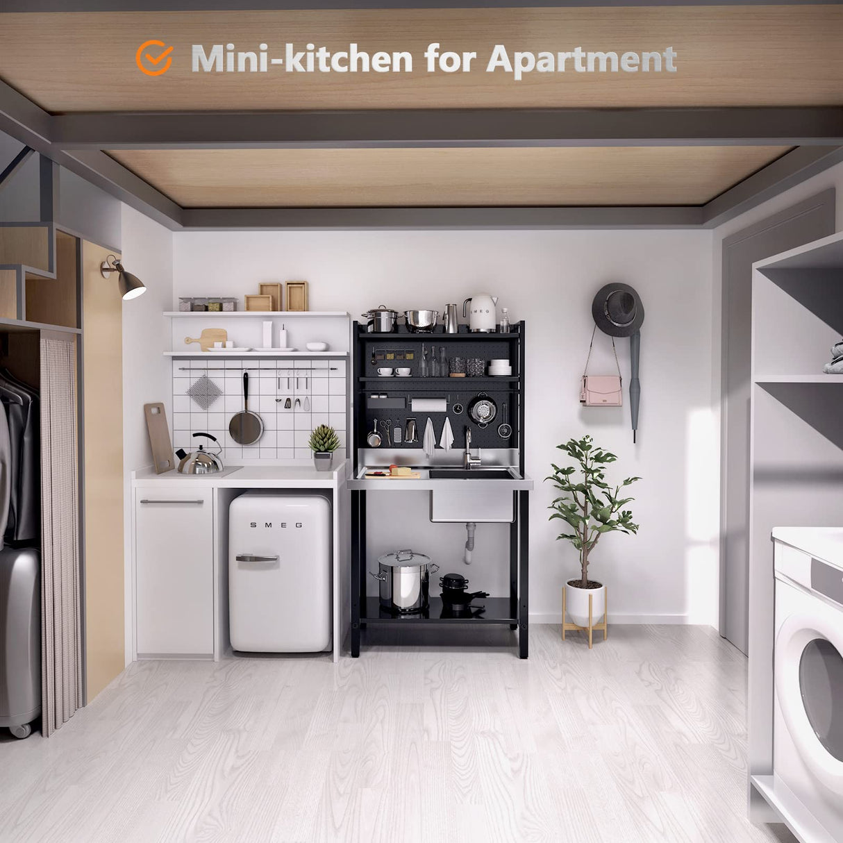 VINGLI 67'' Commercial Sink with Drainboard and Adjustable Shelves Pegboard for Hanging Tools, 304 Stainless Steel Table Freestanding Utility Counter Restaurant, Garage Silver & Black 1 VINGLI