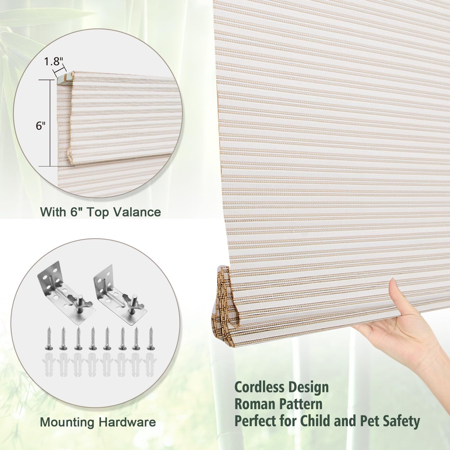 Comzone Blinds Cordless Blackout Bamboo Shades - Modern White Natural Woven Roman Blinds for Easy Installation and Room Darkening - WoodArtSupply