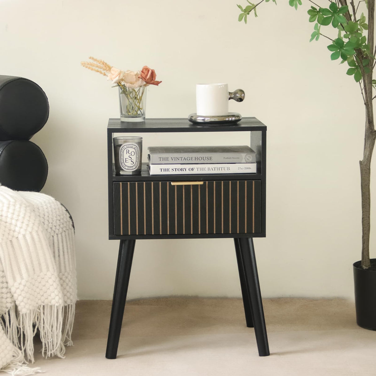 MaxSmeo Black Nightstand with Drawer, Mid Century Modern Bedside Table with Open Shelf Storage, End Table with Solid Wood Legs, Black MaxSmeo