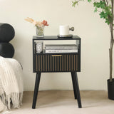 MaxSmeo Black Nightstand with Drawer, Mid Century Modern Bedside Table with Open Shelf Storage, End Table with Solid Wood Legs, Black MaxSmeo