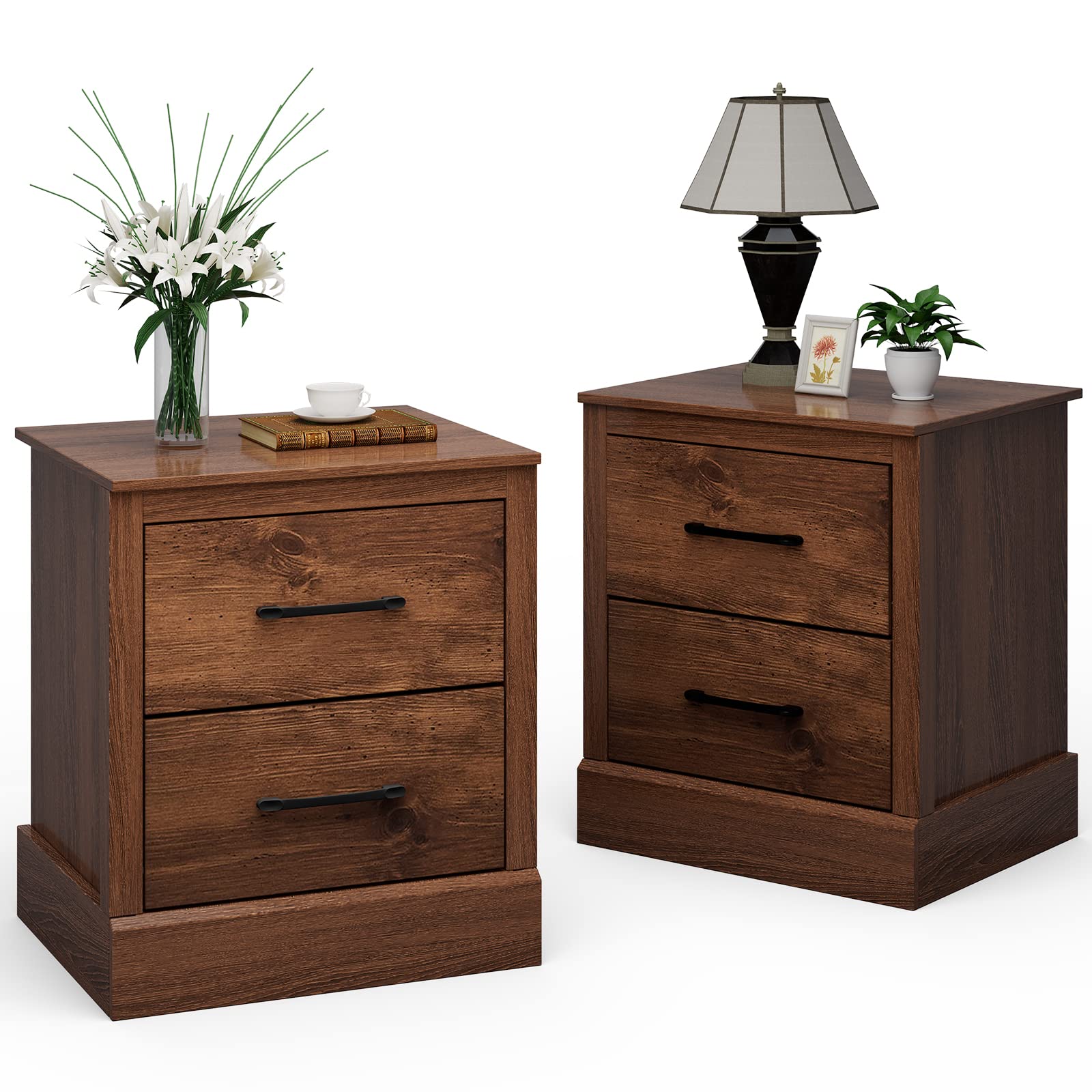 Giantex Farmhouse Nightstand Set of 2, Wood Bedside Table with 2 Storage Drawers, Compact Floor Night Stand End Table, Walnut Accent Sofa Side Table for Bedroom - WoodArtSupply