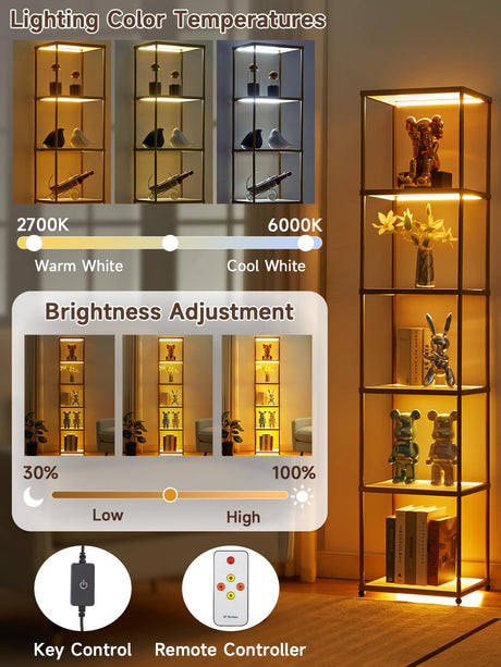 MANBUR Display Shelf with Dimmable LED Floor Lamp, Display Cabinet with Glass Bookcase, Home Decor, Bedroom Decor, Bookshelf with Light, Open Book Shelf with 6-Tier Shelf for Living Room Decor Gold MANBUR