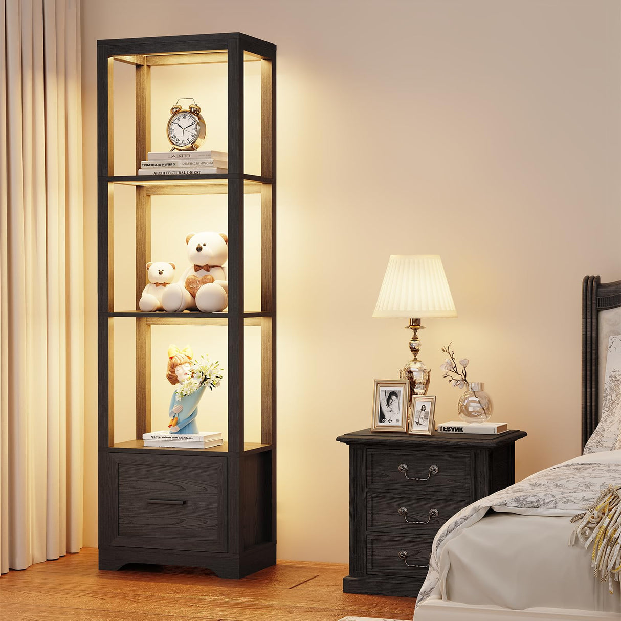 BROTTAR Display Shelf with 3 Color Light, Bookshelf with Drawer, Dimmable LED Floor Lamp with Shelves, Display Case, Display Standing Shelf Unit for Bedroom, Living Room, Black BROTTAR