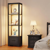 BROTTAR Display Shelf with 3 Color Light, Bookshelf with Drawer, Dimmable LED Floor Lamp with Shelves, Display Case, Display Standing Shelf Unit for Bedroom, Living Room, Black BROTTAR