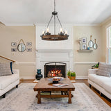 LNC Farmhouse Chandelier, Wood Round Wagon Wheel 6-Light Fixture with Seeded Glass Shades for Dining & Living Room, Bedroom, Kitchen and Foyer LNC