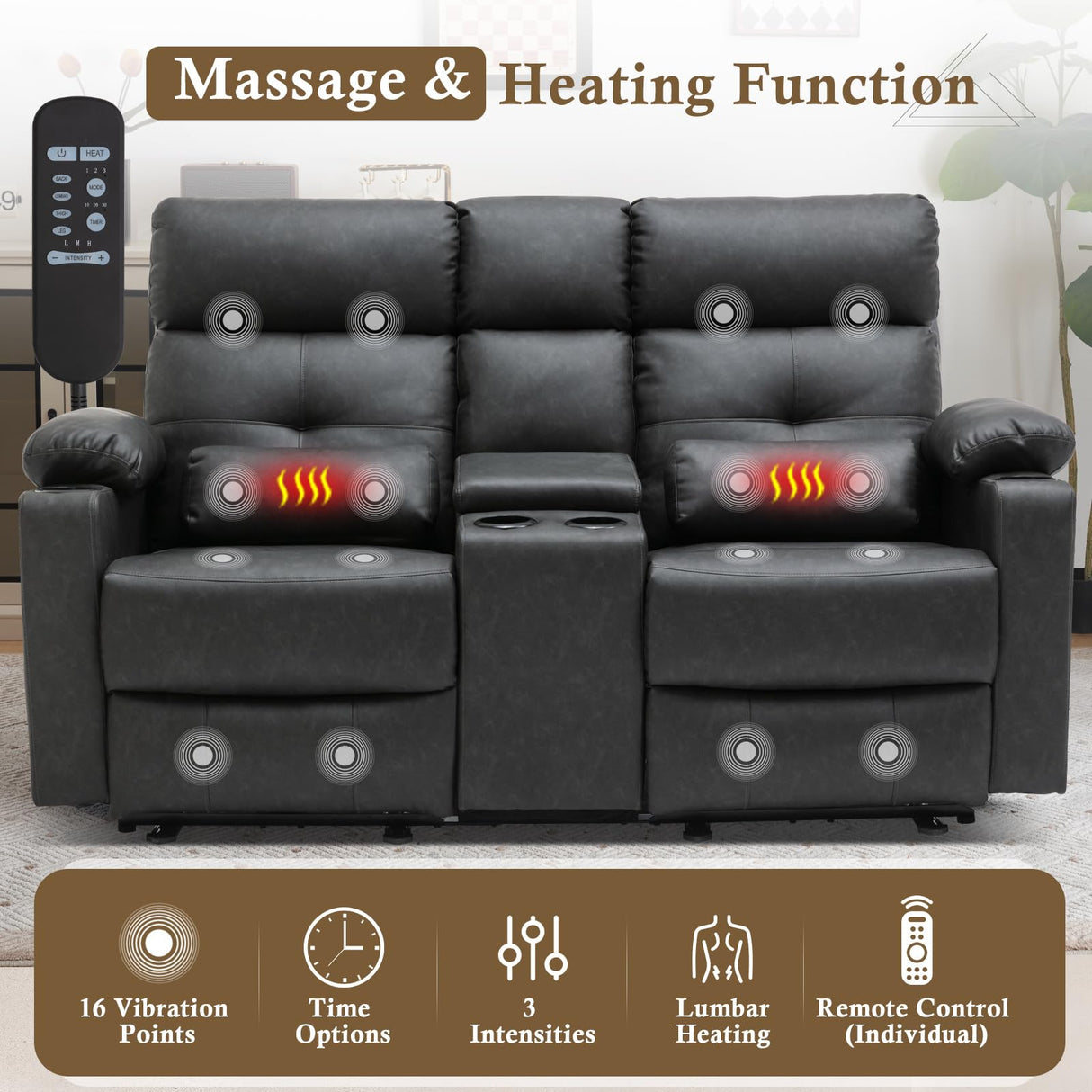 PALLOME Power Loveseat Recliner Sofa with Console, Loveseat Reclining Sofa with Heat & Massage, Home Theater Seating with Lumbar Pillow for Living Room, RV Recliner Loveseat (PU, Dark Gray) PALLOME