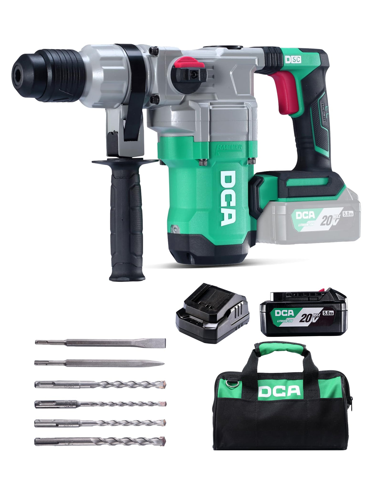 DCA 20V MAX Brushless Rotary Hammer Drill, 4.5 Joule, 3800BPM, 1-1/8 Inch SDS-Plus Cordless, 5.0Ah Battery, 4A Fast Charger, Safety Clutch and Vibration Control, 4 Drill Bits and 2 Chisels DCA