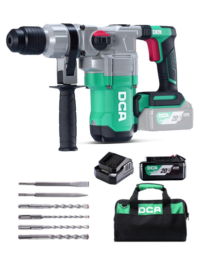 DCA 20V MAX Brushless Rotary Hammer Drill, 4.5 Joule, 3800BPM, 1-1/8 Inch SDS-Plus Cordless, 5.0Ah Battery, 4A Fast Charger, Safety Clutch and Vibration Control, 4 Drill Bits and 2 Chisels - WoodArtSupply