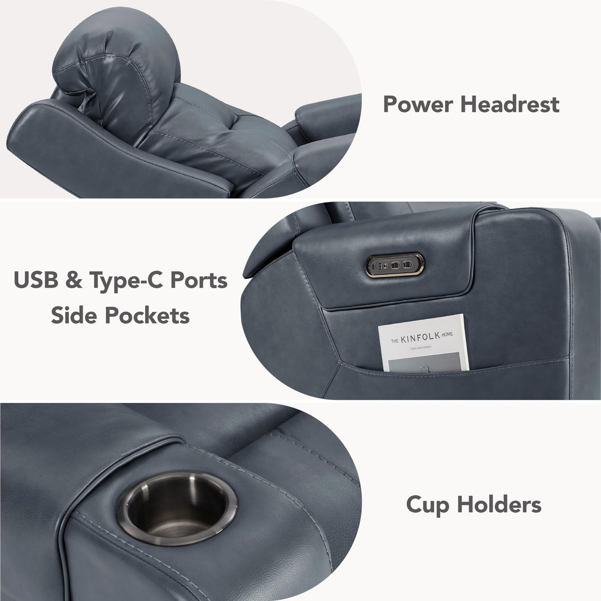 Watson & Whitely Genuine Leather Power Recliner Chairs for Adults, Lay Flat Recliner with Power Headrest, USB Ports and Cup Holders, Electric Reclining Sofa for Living Room, Bedroom, Navy Watson & Whitely