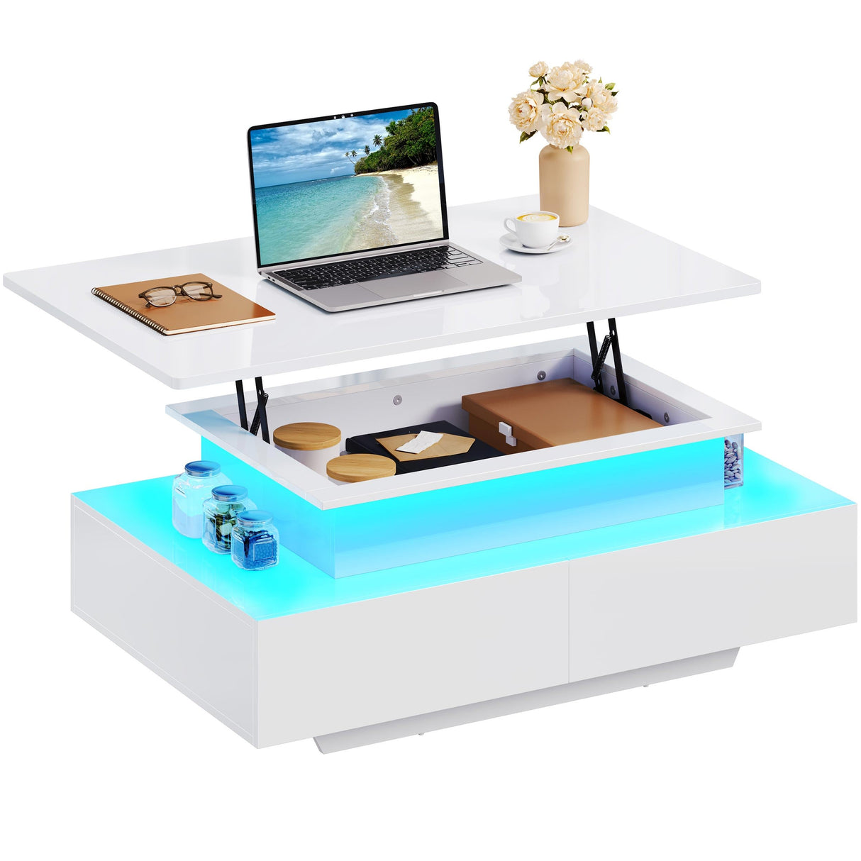 YITAHOME LED Lift Top Coffee Tables for Living Room, High Glossy Coffee Table with Storages 4 Spacious Drawers, Modern Rectangle Coffee Tables Small Center Table for Home Office, Glossy White YITAHOME