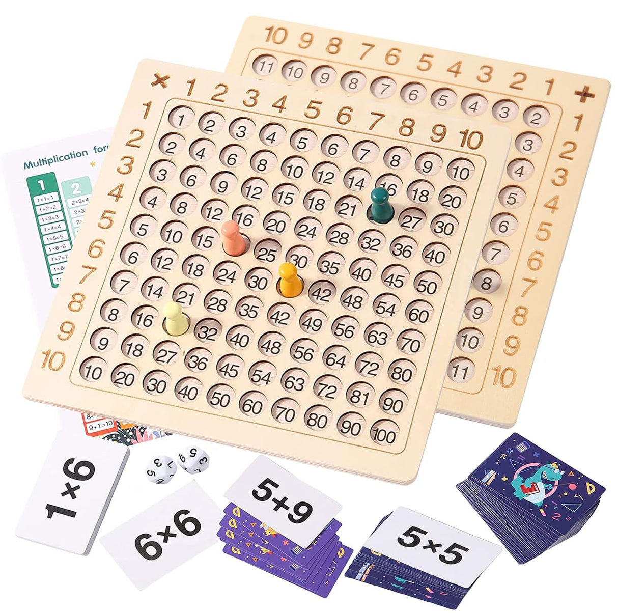 2 in 1 Multiplication Addition Math Board Game for Kids - Wooden Montessori Math Toys for Girls Boys 4 5 6 7 8 9 Years Old Wood Double Sided Board Table Dice Card Games for Family Cltoyvers