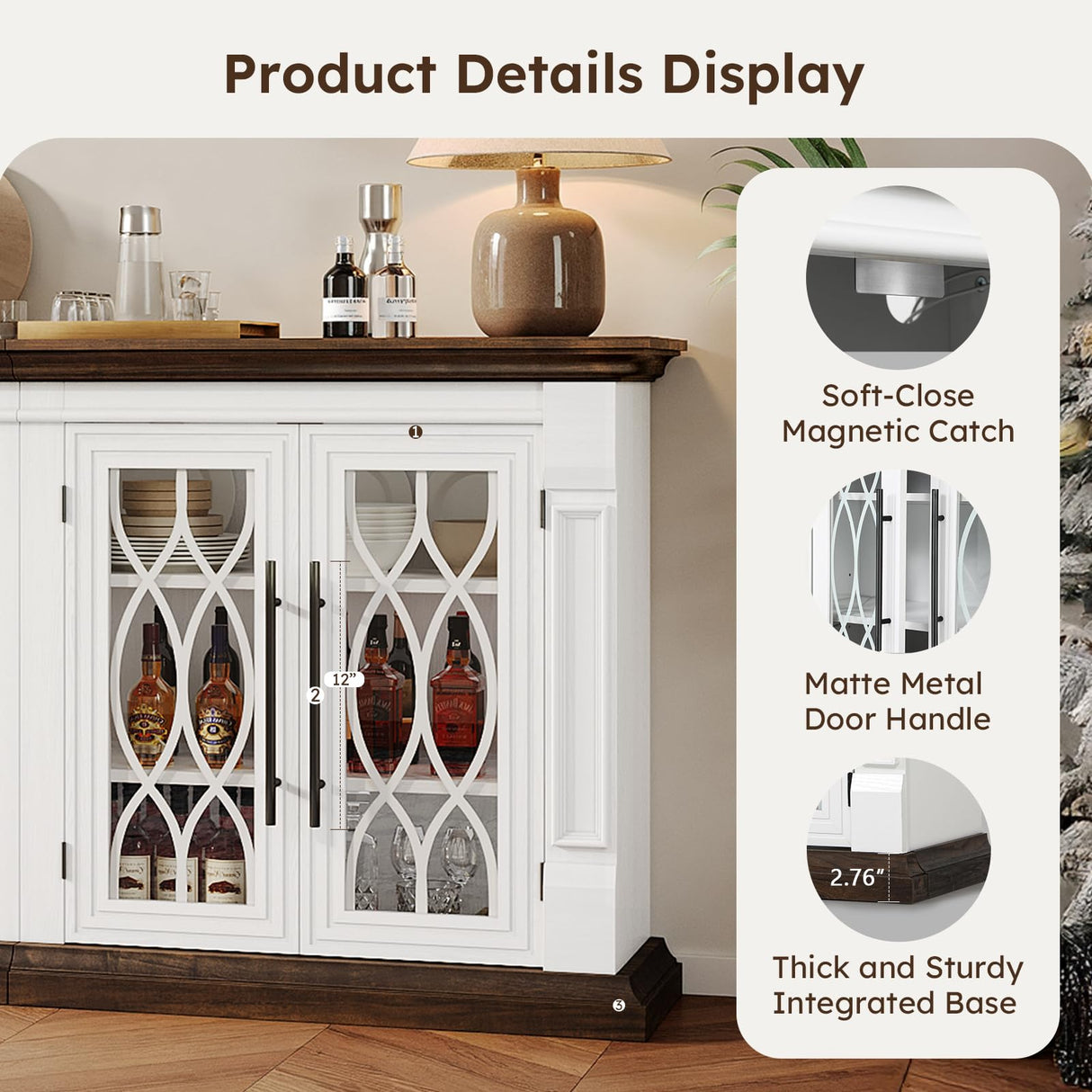 HolliWill 60 inch Farmhouse Buffet Sideboard Cabinet with 4 Glass Doors, Coffee Wine Bar Storage Cabinet, Buffet Table with Adjustable Shelves for Dining Room, Kitchen, Living Room HolliWill