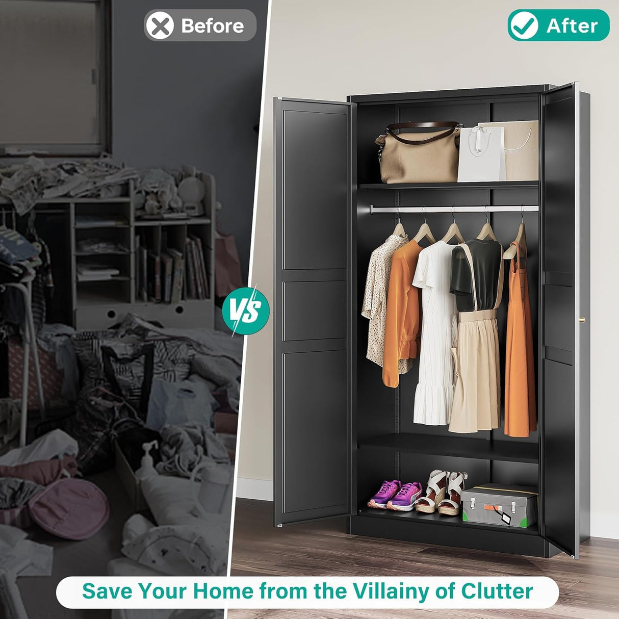 SISESOL Metal Wardrobe Cabinet with Hanging Rod,Black Armoire Wardrobe Closet,Metal Clothing Storage Cabinet with Adjustable Shelves and Doors,72" Cloth Storage Cabinets for Home,Living/Laundry Room SISESOL