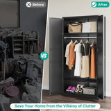 SISESOL Metal Wardrobe Cabinet with Hanging Rod,Black Armoire Wardrobe Closet,Metal Clothing Storage Cabinet with Adjustable Shelves and Doors,72" Cloth Storage Cabinets for Home,Living/Laundry Room SISESOL
