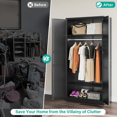 SISESOL Metal Wardrobe Cabinet with Hanging Rod,Black Armoire Wardrobe Closet,Metal Clothing Storage Cabinet with Adjustable Shelves and Doors,72" Cloth Storage Cabinets for Home,Living/Laundry Room SISESOL