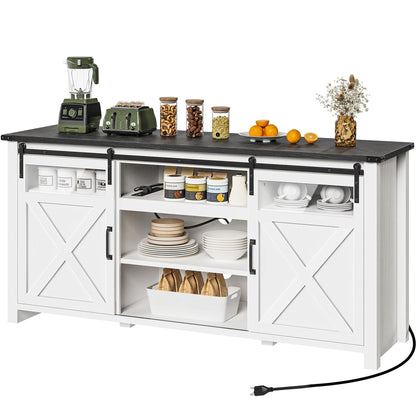 YITAHOME Buffet Storage Cabinet with Power Outlet, 66'' Farmhouse Sideboard Buffet Cabinet w/Sliding Barn Doors and Adjustable Shelf, Large Coffee Bar Wine Bar Cabinet for Kitchen, Living Room, White