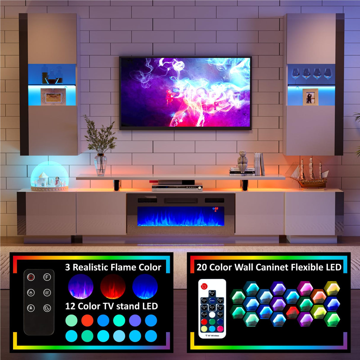 AMERLIFE Wall Unit Entertainment Center with Fireplace & Bookshelves, Includes 70" 2-Tier Fireplace TV Stand, 2 x Wall Cabinets & End Tables, Modern LED Lights TV Console for Living Room, White AMERLIFE