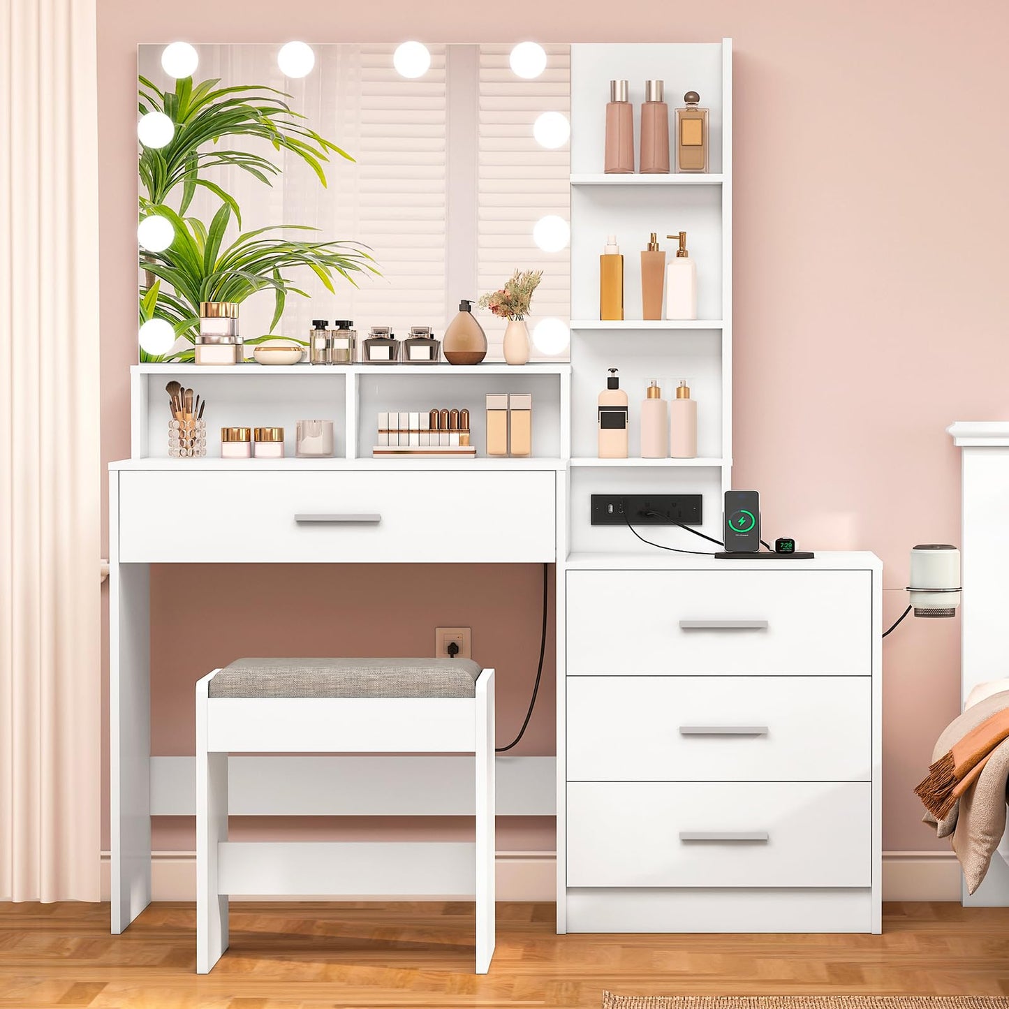 usikey Large Vanity Table Set with Lighted Mirror & Charging Station, Makeup Vanity Dressing Table with 4 Storage Shelves and 4 Drawers, Vanity Desk with 3-Drawer Chest and Cushioned Stool, White