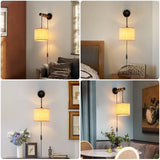 XSDeTu Wall Sconces Set of Two, Plug in Sconces Wall Lighting with Fabric Shade, Farmhouse Wall Lamps with Plug in Cord, Rustic Wall Lights with Wood Arm and On/Off Switch for Bedroom, Living Room XSDeTu