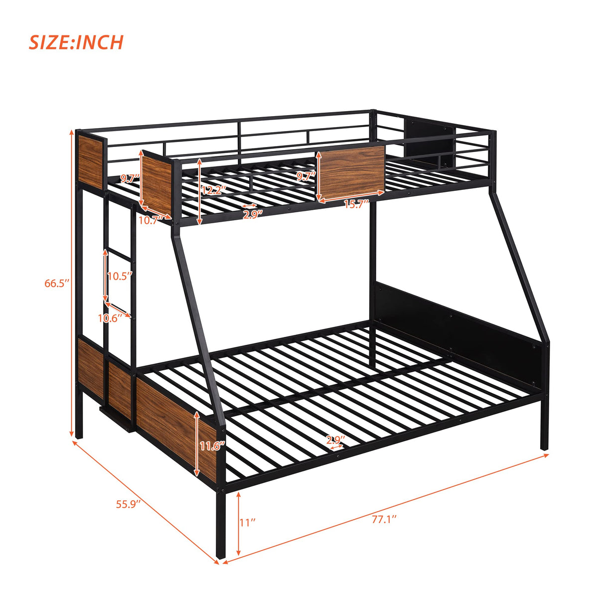 Twin over Full Metal Bunk Bed, Modern Style Heavy-Duty Steel Frame Bunk Bed with Safety Rail, Built-in Ladder for Bedroom, Dorm, Boys, Girls, Adults (Black + Brown) Bellemave