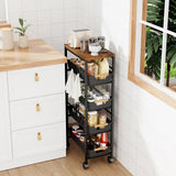 Landmok 5-Tier Slim Storage Cart, Wooden Top Rolling Kitchen Cart with Pull-Out Baskets & Wheels, Narrow Space Utility Cart Slide Out Organizer for Kitchen, Bathroom, Laundry Room, Black Landmok
