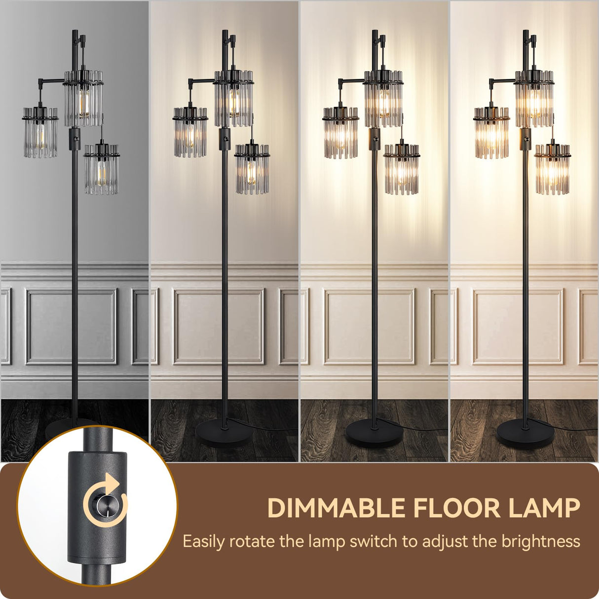 VOUTOORO Industrial Modern Floor Lamps for Living Room, Dimmable Glass Tree Standing Tall Lamps with 3 Elegant Teardrop Cage Head & 800 Lumens LED Bulbs for Bedroom Office (66inch Tall) VOUTOORO