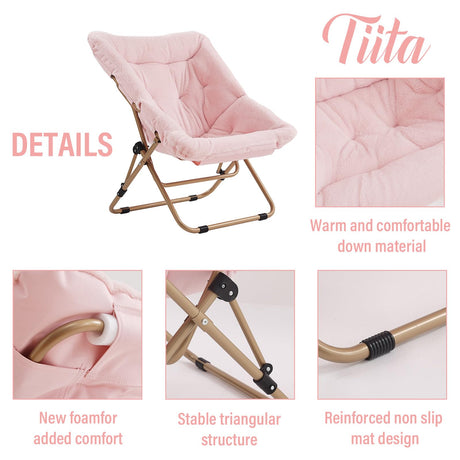 Tiita Comfy Folded Chair, Soft Faux Fur Oversized Folding Accent Chair, Lounge Lazy Chair for Kids Teens Adults, Metal Frame Moon Chair for Bedroom, Living Room, Dorm Rooms, X-Large Pink Tiita
