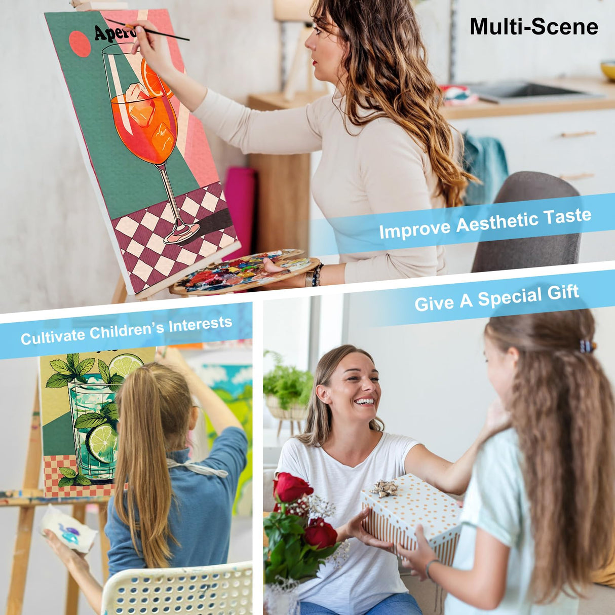 4 Pack Framed Paint by Numbers Kit for Adults with Wooden Easel, Retro Cocktail Easy Paint by Numbers with Frame for Beginners, Adult Paint by Number Kits Framed Canvas for Home Decor Gift 8x12 Inch Offito