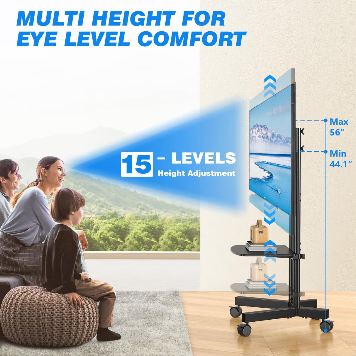 Rfiver Rolling TV Stand with Laptop Shelf, Mobile TV Stand with Upgraded Wheels for 32-70 Inch TVs, Height Adjustable Mobile TV Cart up to 88lbs, Portable TV Stand for Outdoor, Home, Office Rfiver