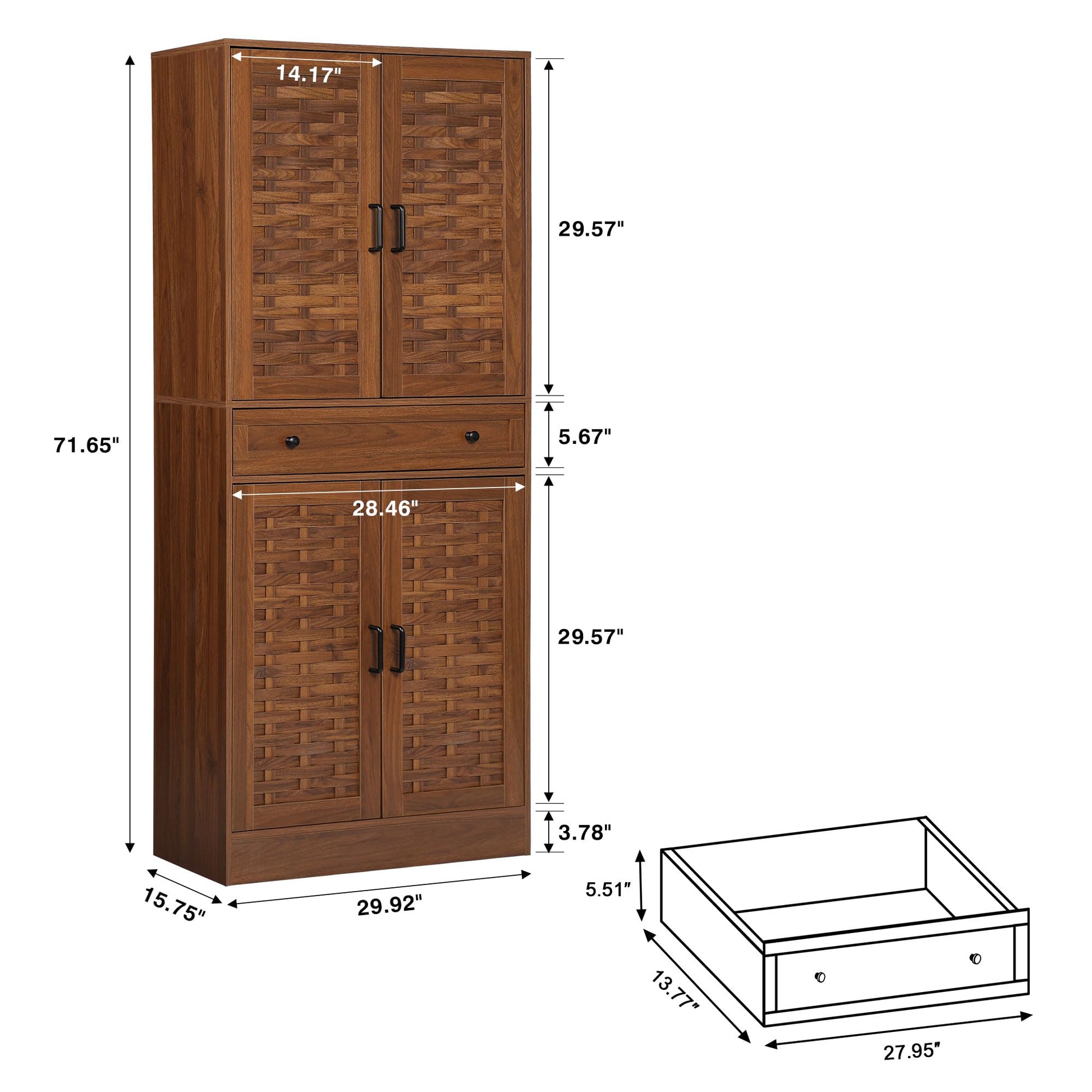 LEVNARY 72" Kitchen Pantry Storage Cabinet with 4 Woven Doors, Drawer and 4 Adjustable Shelves, Freestanding Cupboard Storage Cabinet for Living Room Kitchen (Walnut) - WoodArtSupply