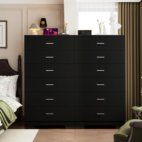 AXCIGOC 48" Tall Dresser for Bedroom Chest of Drawers with Power Outlets Wood 6 Drawers Dresser with Large Storage Space and Metal Handles Modern Closet Storage Drawer for Living Room Hallway Black AXCIGOC