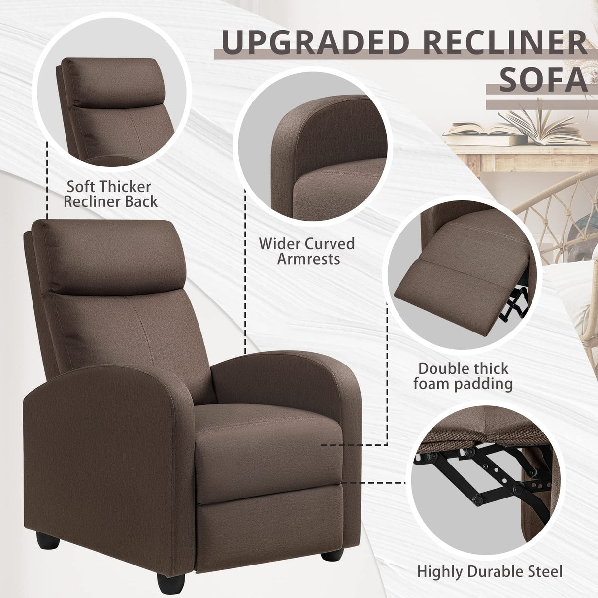 JUMMICO Recliner Chair Adjustable Home Theater Single Recliner Sofa Furniture with Thick Seat Cushion and Backrest Modern Living Room Recliners (Fabric, Brown) JUMMICO