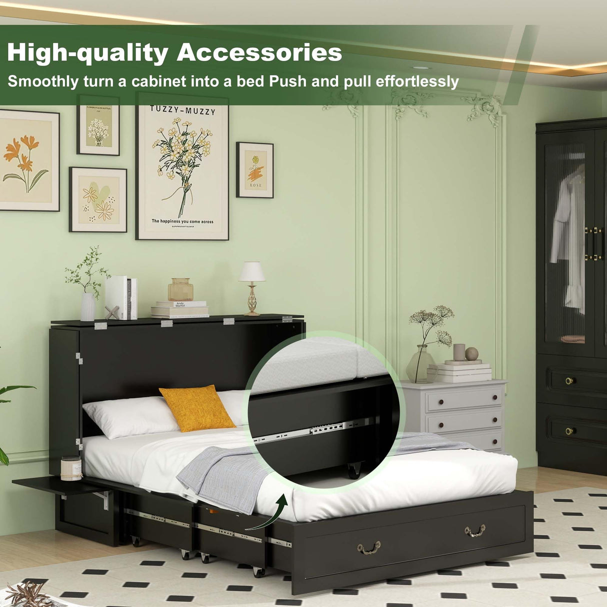 TemkTuek Queen Size Murphy Bed Cabinet with Drawers Storage & USB Charging Station, Space-Saving Hideaway Bed for Guest Room & Small Bedroom 84" L x 60" W x 44" H Black-7(NOT Included Mattress) TemkTuek