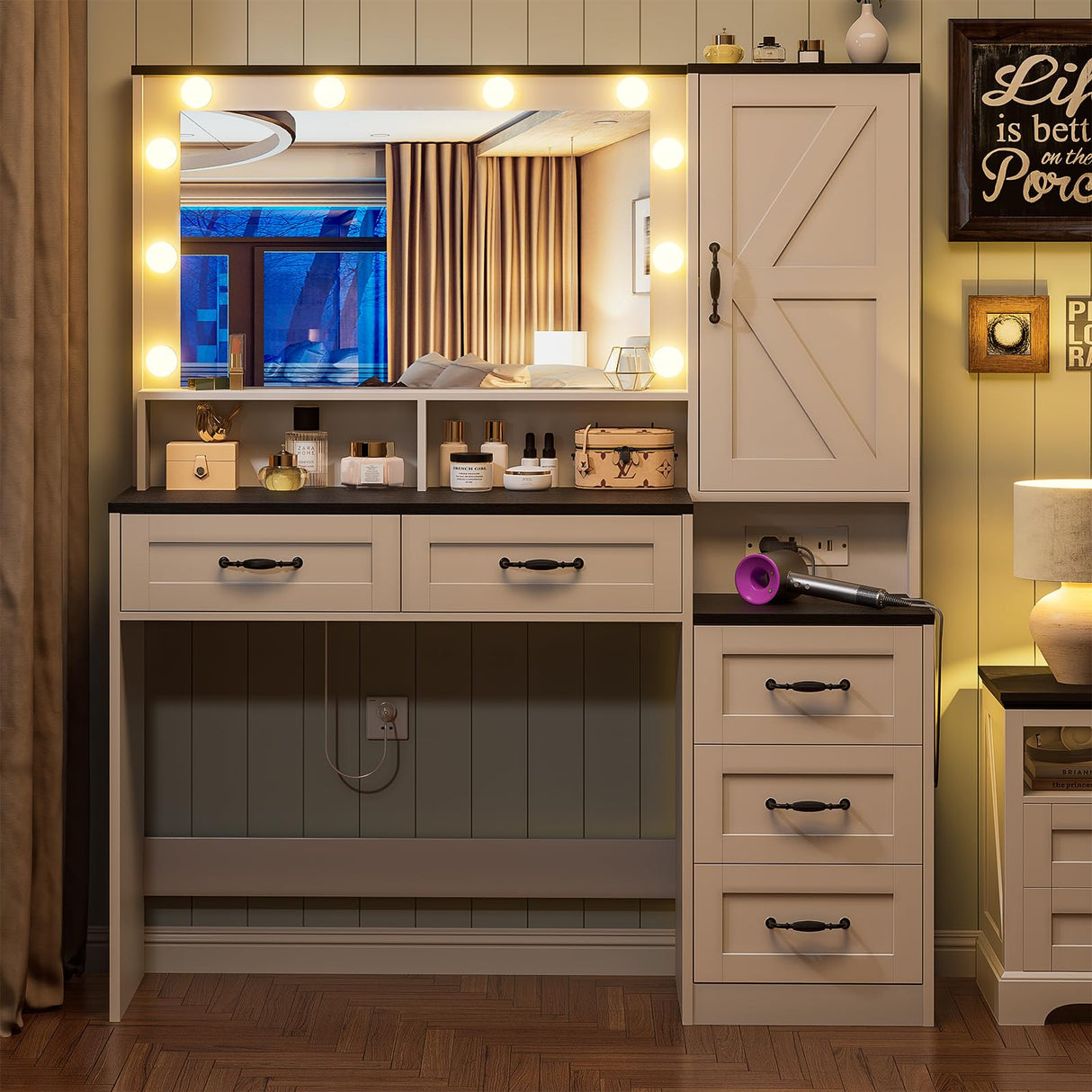DDONGMM Farmhouse Vanity Desk Makeup Table with Mirror and 10 Lights, 45.3" Large Vanity Desk with Power Outlet, 5 Drawers, 1 Cabinet & 9 Jewelry Hooks, Dressing Table for Women Girls White & Black DDONGMM
