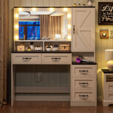 DDONGMM Farmhouse Vanity Desk Makeup Table with Mirror and 10 Lights, 45.3" Large Vanity Desk with Power Outlet, 5 Drawers, 1 Cabinet & 9 Jewelry Hooks, Dressing Table for Women Girls White & Black DDONGMM